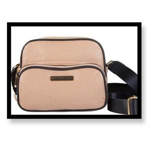 NWT-Adrienne Vittadini Elegant Tan Embossed Logo Print Crossbody Bag